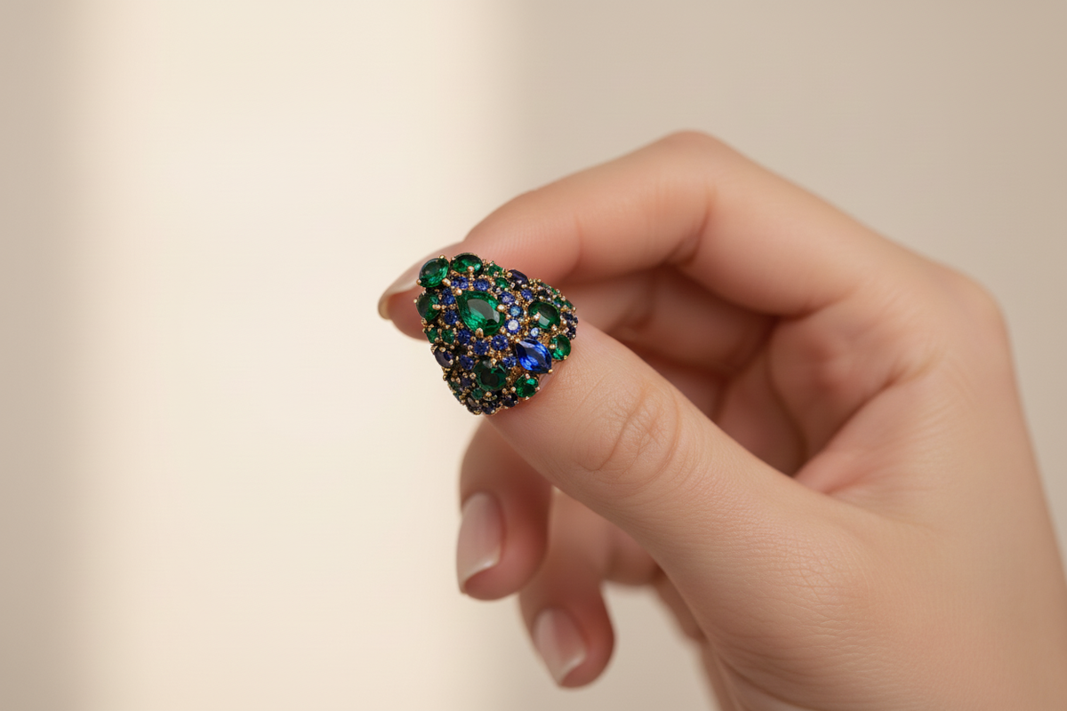 Close-up of a manicured hand wearing a bold ornate nail ring with vibrant colored gemstones sitting on the fingertip nail
