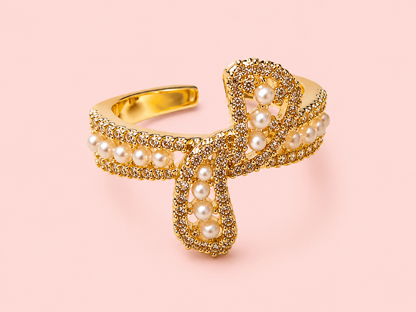 Far Fetched Gems by SLP-Micro Pave Pearl & Cubic Zirconia Knot Ring | Adults