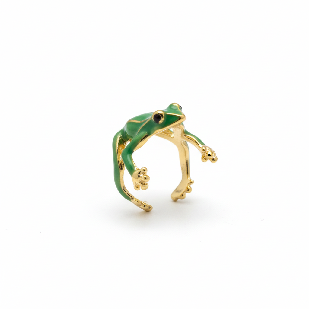 Green Frog Ring with Crown - White Background